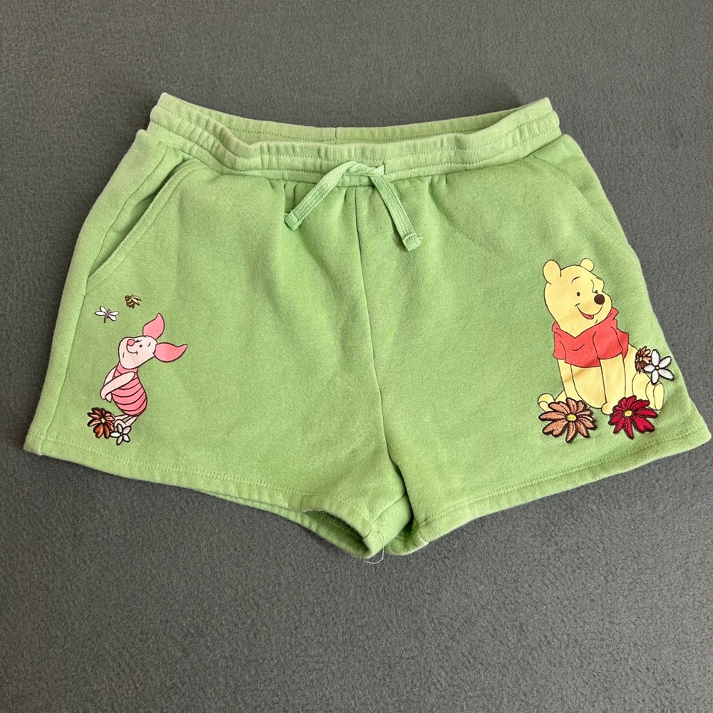 Disney Shorts Women M Green Winnie Pooh Piglet Fleece Lined Drawstring Casual
